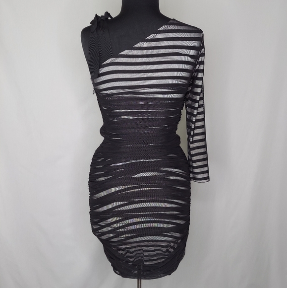 BCBGMaxazria Dress Mini Bodycon Mesh Striped Ribbon Tie One Shoulder Stretch XS - Picture 3 of 5